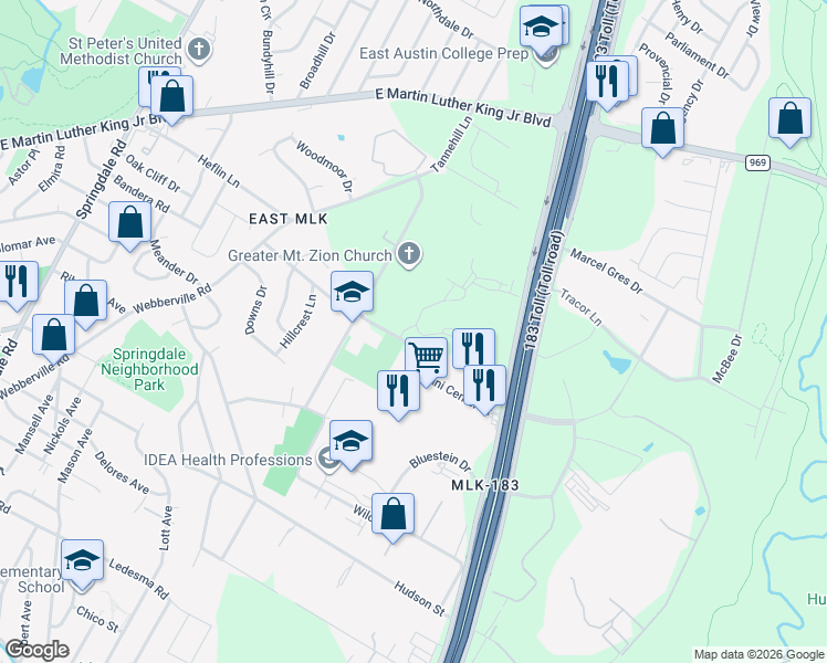 map of restaurants, bars, coffee shops, grocery stores, and more near 3901 Tannehill Lane in Austin