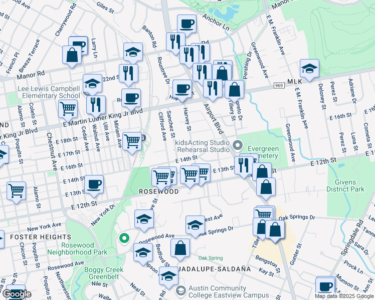 map of restaurants, bars, coffee shops, grocery stores, and more near 1414 Harvey Street in Austin