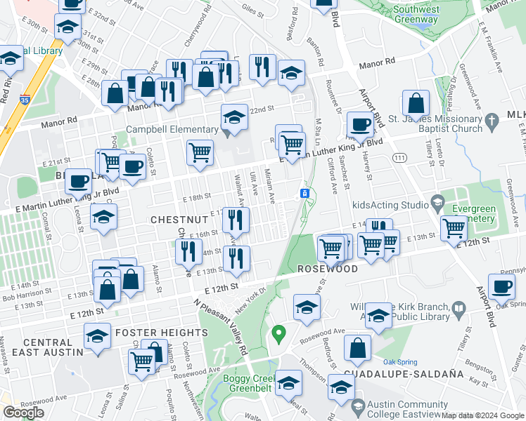 map of restaurants, bars, coffee shops, grocery stores, and more near 1612 Miriam Avenue in Austin