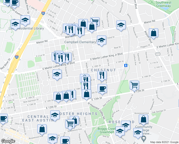 map of restaurants, bars, coffee shops, grocery stores, and more near 1708 Maple Avenue in Austin