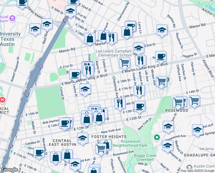 map of restaurants, bars, coffee shops, grocery stores, and more near 2209 East 18th Street in Austin
