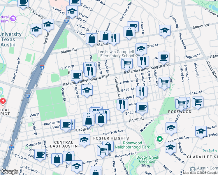 map of restaurants, bars, coffee shops, grocery stores, and more near 2209 East 18th Street in Austin