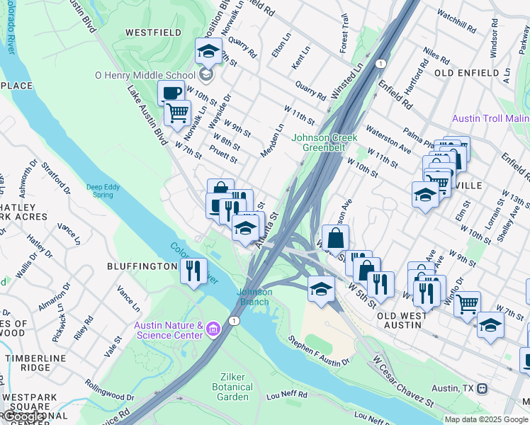 map of restaurants, bars, coffee shops, grocery stores, and more near 609 Upson Street in Austin