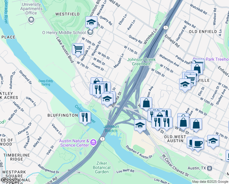 map of restaurants, bars, coffee shops, grocery stores, and more near 609 Upson Street in Austin