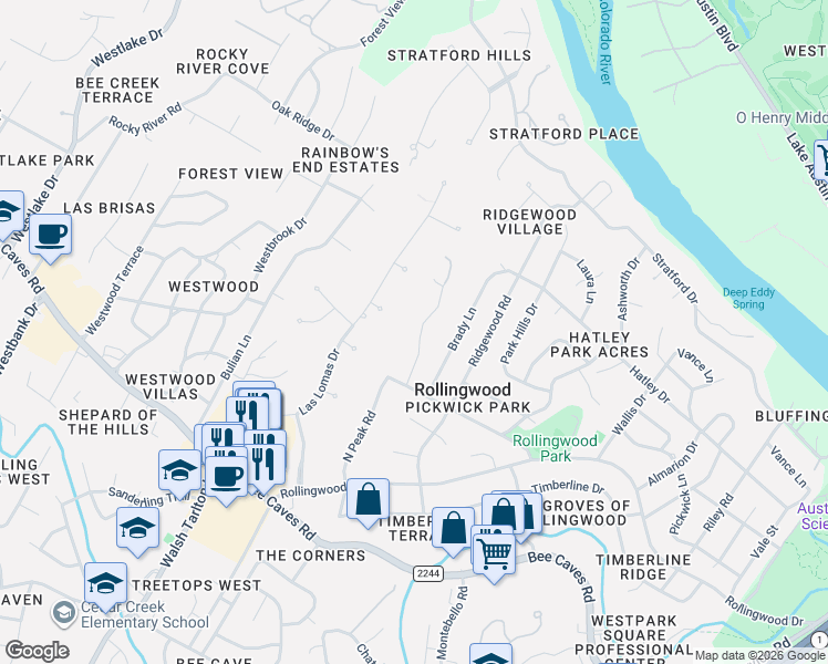 map of restaurants, bars, coffee shops, grocery stores, and more near 11 Sugar Creek Drive in West Lake Hills