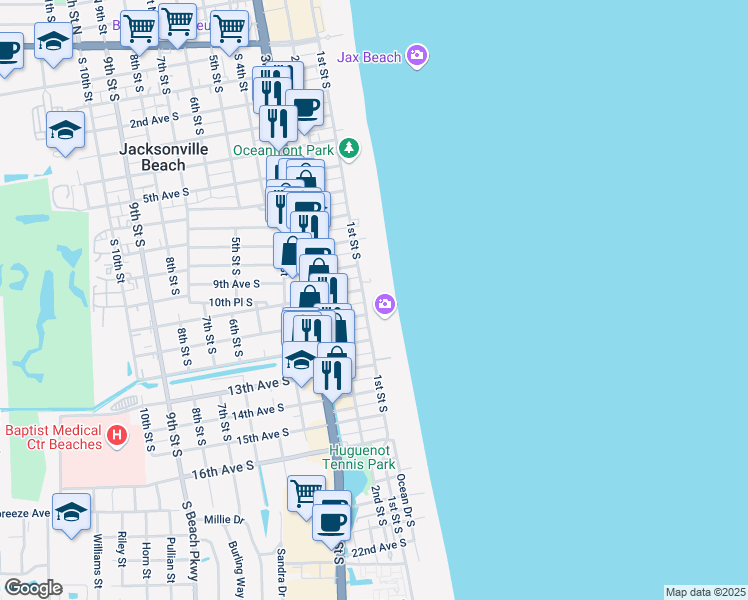 map of restaurants, bars, coffee shops, grocery stores, and more near 1031 1st Street South in Jacksonville Beach