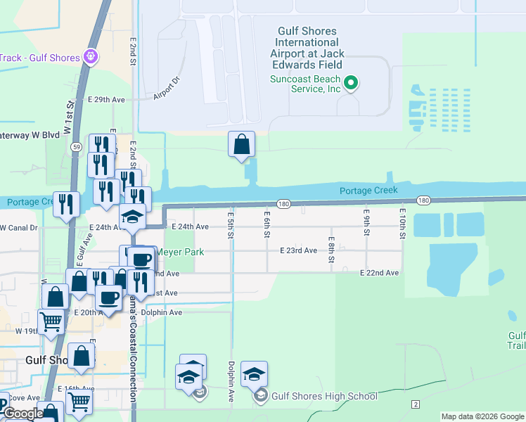 map of restaurants, bars, coffee shops, grocery stores, and more near 645 East Canal Drive in Gulf Shores