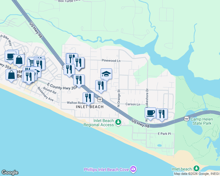 map of restaurants, bars, coffee shops, grocery stores, and more near in Rosemary Beach