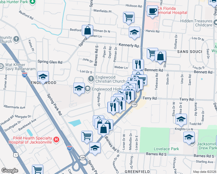 map of restaurants, bars, coffee shops, grocery stores, and more near 5612 Sabena Road in Jacksonville