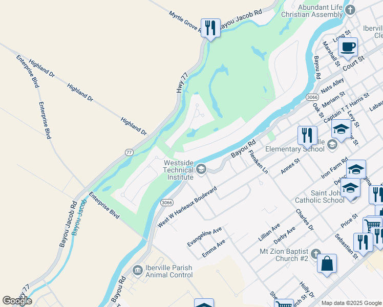 map of restaurants, bars, coffee shops, grocery stores, and more near 59345 Island Drive in Plaquemine