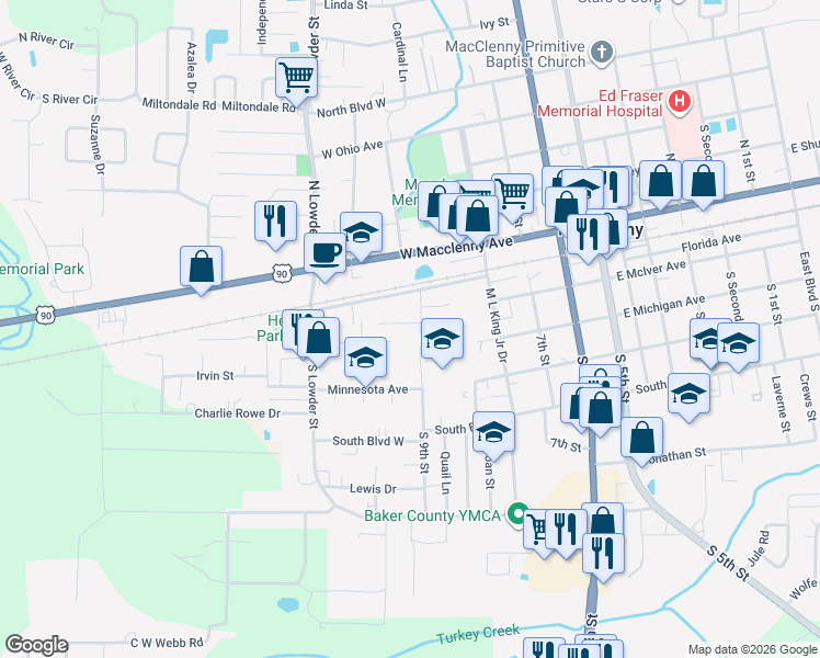 map of restaurants, bars, coffee shops, grocery stores, and more near 512 Lissie Court in Macclenny