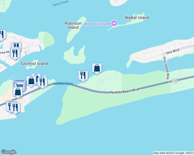 map of restaurants, bars, coffee shops, grocery stores, and more near in Orange Beach