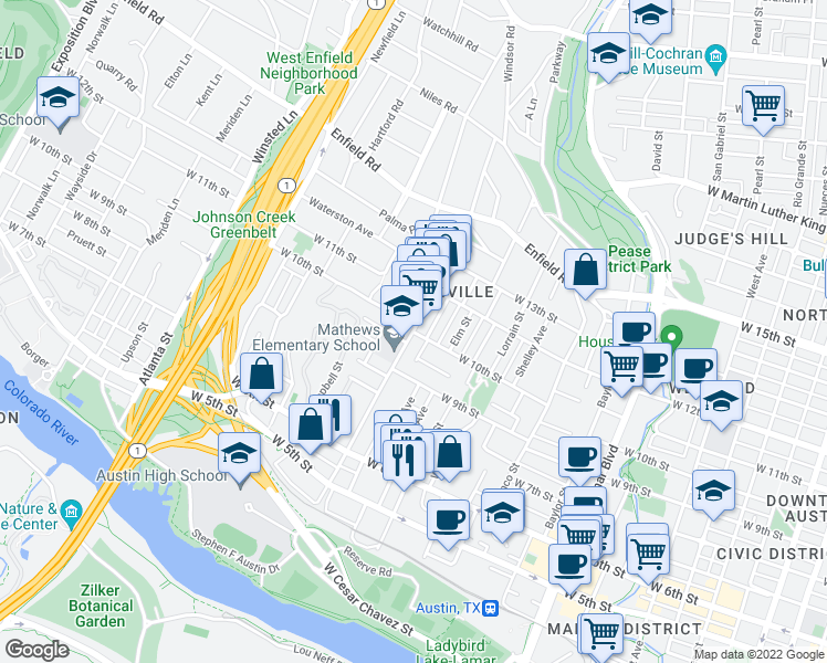 map of restaurants, bars, coffee shops, grocery stores, and more near W 10th St & W Lynn St in Austin