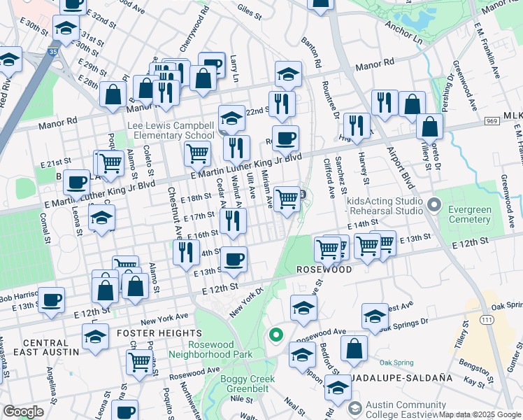 map of restaurants, bars, coffee shops, grocery stores, and more near 1612 Miriam Avenue in Austin