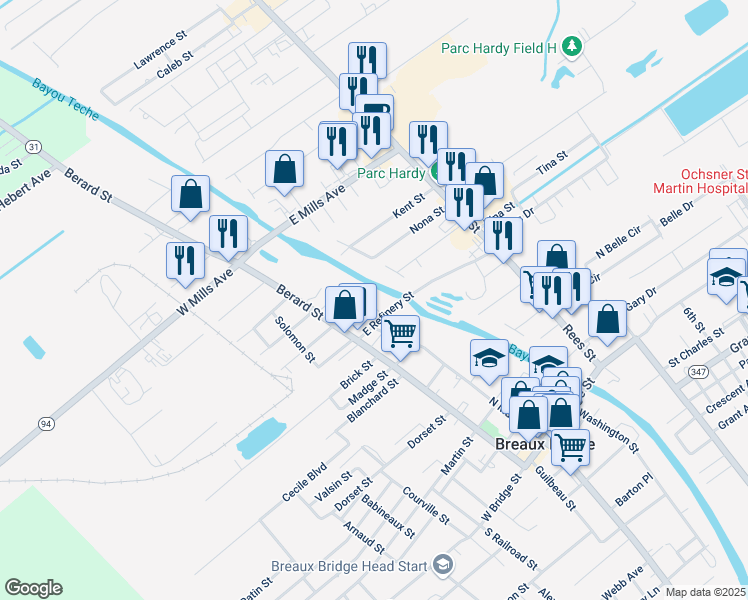 map of restaurants, bars, coffee shops, grocery stores, and more near 128 Oak Drive in Breaux Bridge