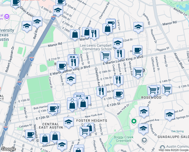map of restaurants, bars, coffee shops, grocery stores, and more near 2209 East 18th Street in Austin