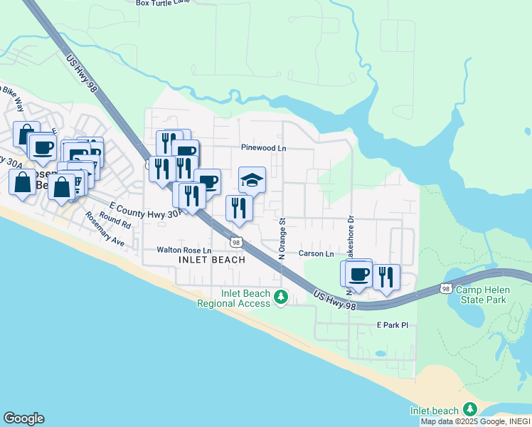 map of restaurants, bars, coffee shops, grocery stores, and more near in Rosemary Beach