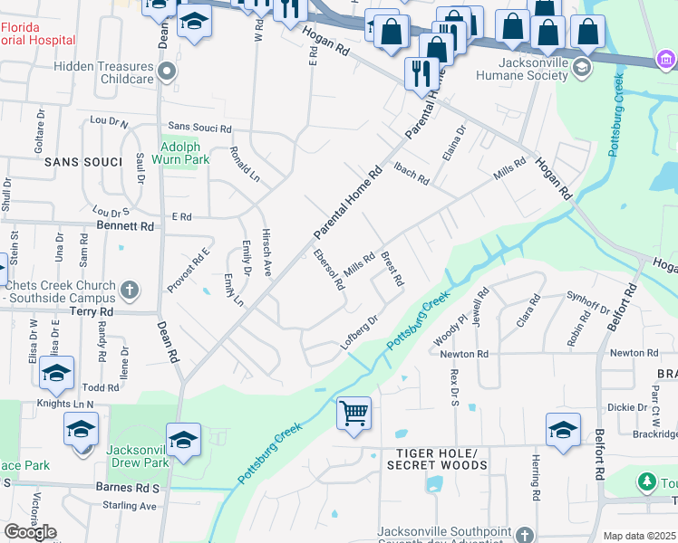 map of restaurants, bars, coffee shops, grocery stores, and more near 8073 Ebersol Road in Jacksonville
