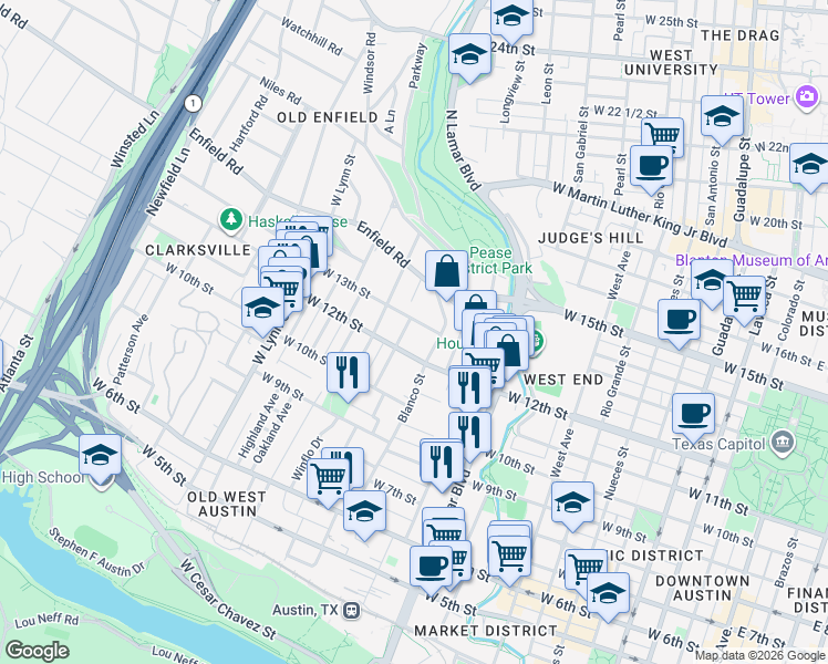 map of restaurants, bars, coffee shops, grocery stores, and more near 1206 Shelley Avenue in Austin