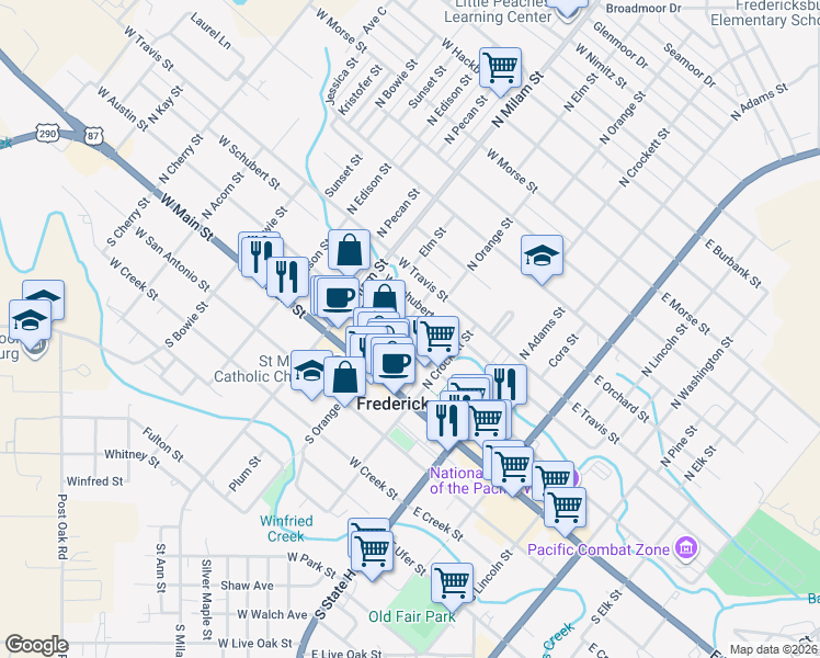 map of restaurants, bars, coffee shops, grocery stores, and more near 217 Mistletoe St in Fredericksburg