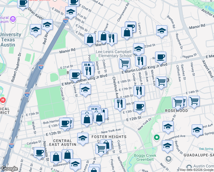 map of restaurants, bars, coffee shops, grocery stores, and more near 2209 East 18th Street in Austin