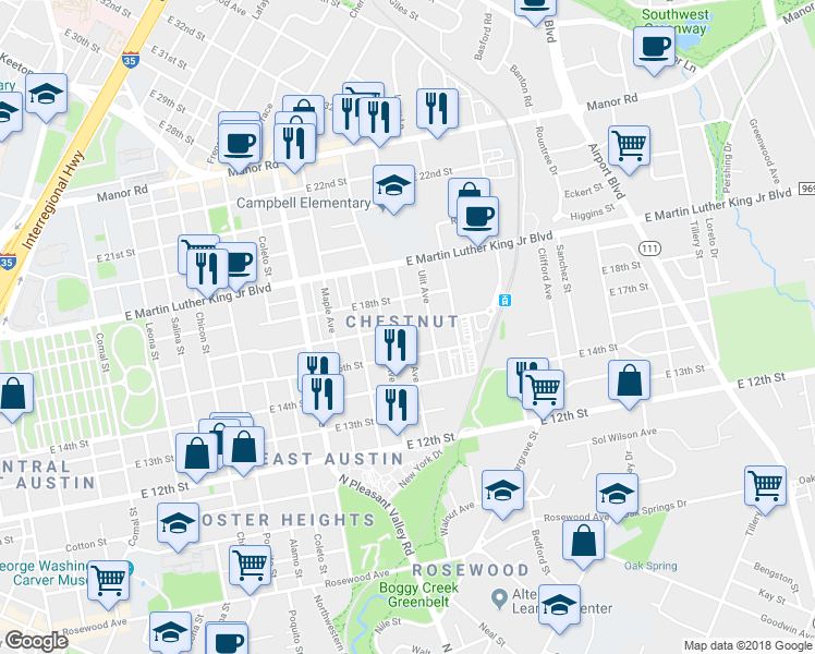 map of restaurants, bars, coffee shops, grocery stores, and more near 2701 East 17th Street in Austin
