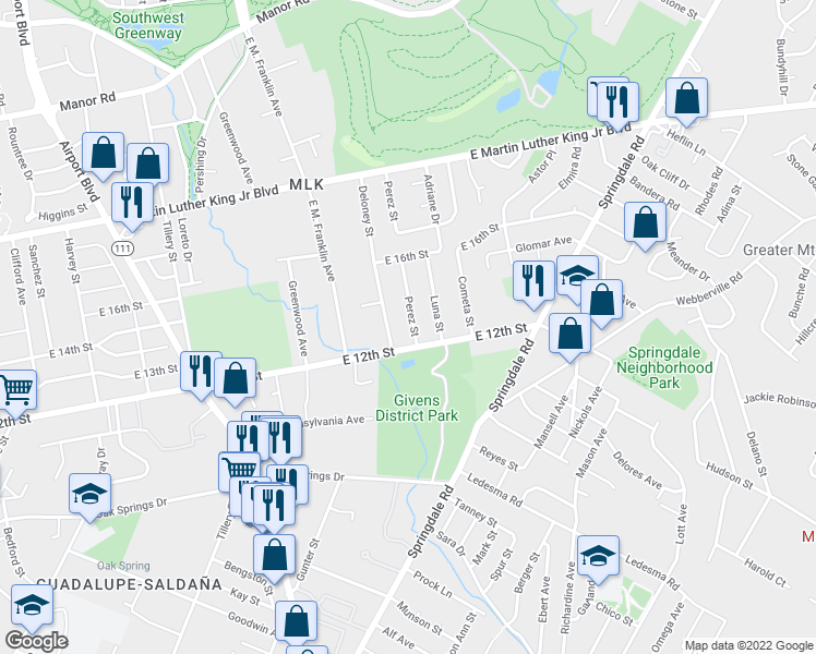 map of restaurants, bars, coffee shops, grocery stores, and more near 1208 Perez Street in Austin