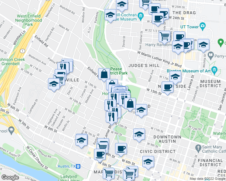 map of restaurants, bars, coffee shops, grocery stores, and more near 1103 Enfield Road in Austin