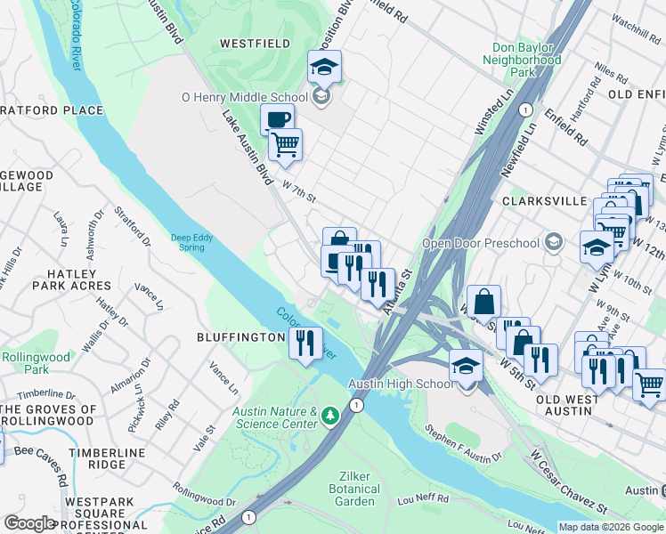 map of restaurants, bars, coffee shops, grocery stores, and more near 2500 Lake Austin Boulevard in Austin