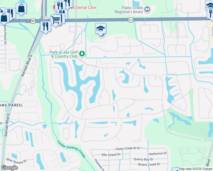 map of restaurants, bars, coffee shops, grocery stores, and more near 3758 Vickers Lake Drive in Jacksonville
