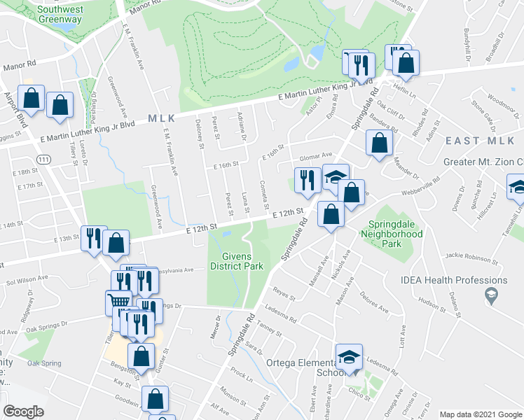 map of restaurants, bars, coffee shops, grocery stores, and more near 1211 Luna Street in Austin