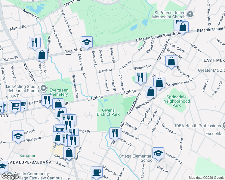 map of restaurants, bars, coffee shops, grocery stores, and more near 1211 Luna Street in Austin