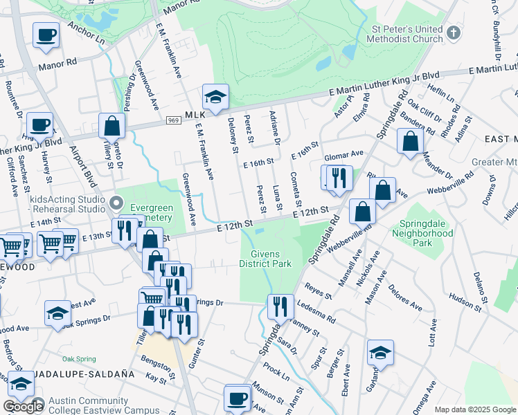 map of restaurants, bars, coffee shops, grocery stores, and more near 1208 Perez Street in Austin