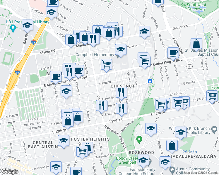 map of restaurants, bars, coffee shops, grocery stores, and more near 1705 Singleton Avenue in Austin