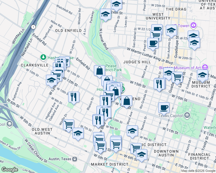 map of restaurants, bars, coffee shops, grocery stores, and more near 1103 Enfield Road in Austin