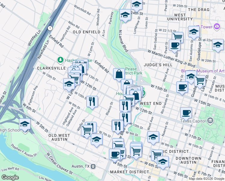 map of restaurants, bars, coffee shops, grocery stores, and more near 1206 Shelley Avenue in Austin