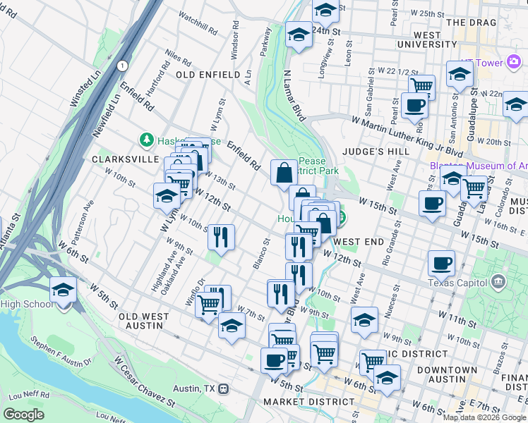 map of restaurants, bars, coffee shops, grocery stores, and more near 1206 Shelley Avenue in Austin