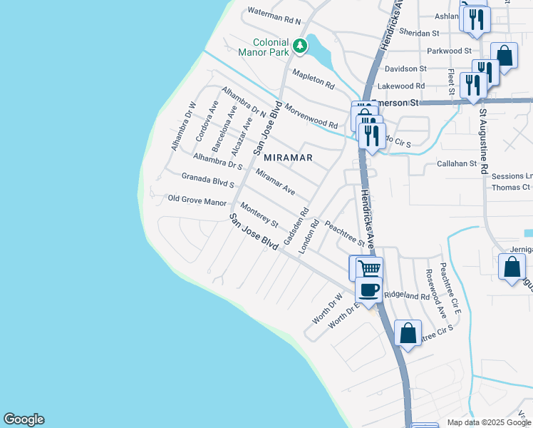 map of restaurants, bars, coffee shops, grocery stores, and more near 1205 Monterey Street in Jacksonville