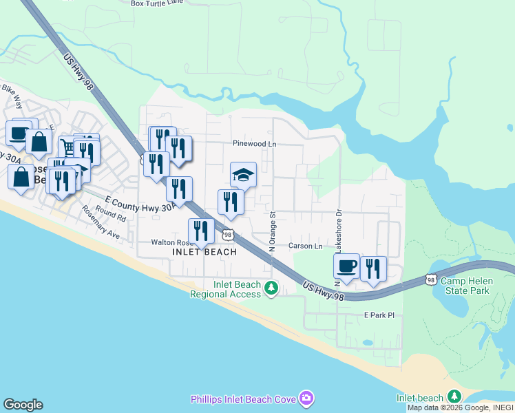 map of restaurants, bars, coffee shops, grocery stores, and more near in Rosemary Beach