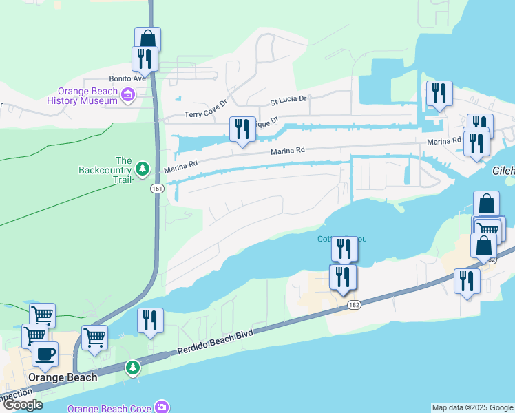 map of restaurants, bars, coffee shops, grocery stores, and more near 26440 Caribe Dr in Orange Beach