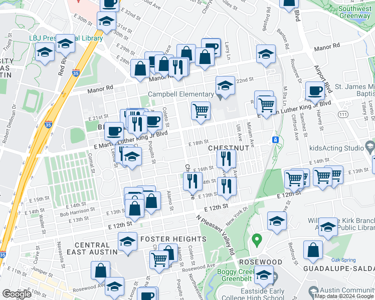 map of restaurants, bars, coffee shops, grocery stores, and more near 1707 Chestnut Avenue in Austin