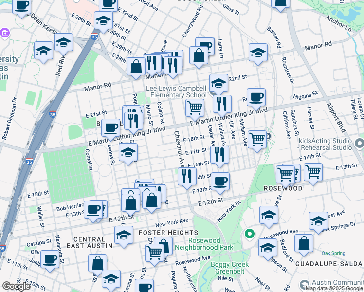 map of restaurants, bars, coffee shops, grocery stores, and more near 1707 Chestnut Avenue in Austin
