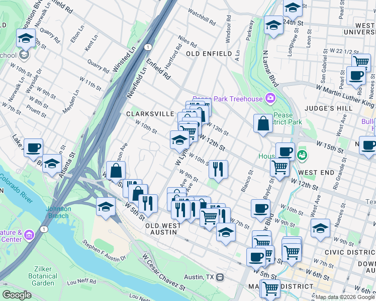 map of restaurants, bars, coffee shops, grocery stores, and more near 1001 West Lynn Street in Austin