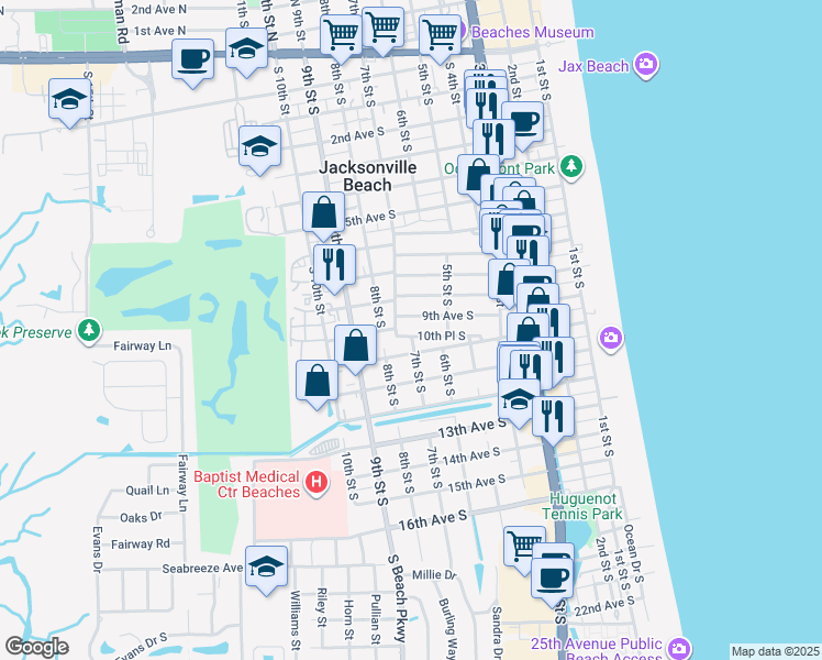 map of restaurants, bars, coffee shops, grocery stores, and more near 701 10th Pl S in Jacksonville Beach