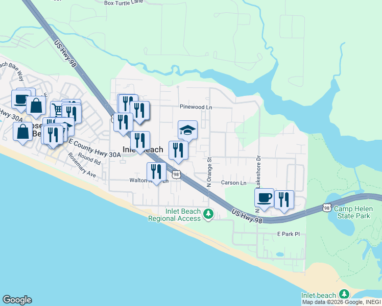 map of restaurants, bars, coffee shops, grocery stores, and more near in Rosemary Beach
