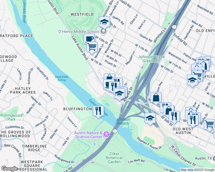 map of restaurants, bars, coffee shops, grocery stores, and more near 506 Hearn Street in Austin