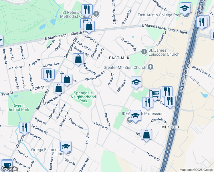 map of restaurants, bars, coffee shops, grocery stores, and more near 5321 Downs Drive in Austin
