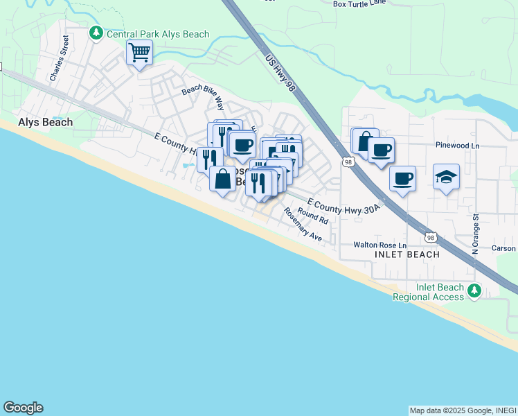 map of restaurants, bars, coffee shops, grocery stores, and more near 72 Main Street in Panama City Beach