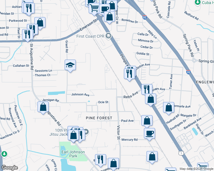 map of restaurants, bars, coffee shops, grocery stores, and more near 4231 Kelly Street in Jacksonville