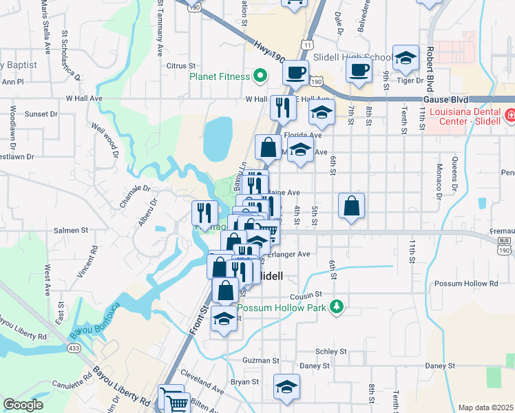 map of restaurants, bars, coffee shops, grocery stores, and more near 1827 Front Street in Slidell